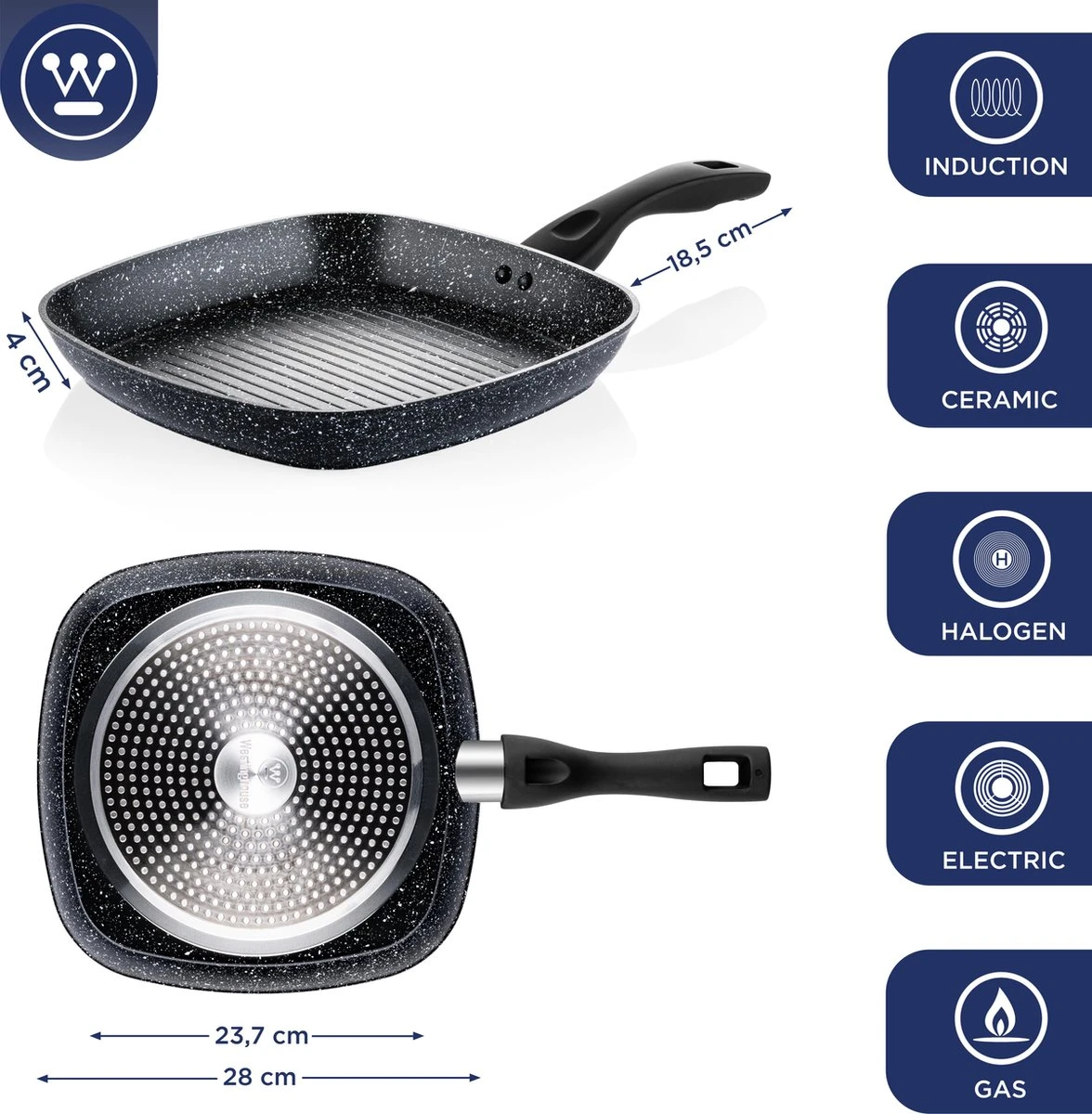 Westinghouse Grillpan - Ø 28 Cm - Zwart Marmer - Geschikt Voor Alle Warmtebronnen Inclusief Inductie - Steakpan Met Antiaanbaklaag- Aluminium 2 Westinghouse Grillpan - Ø 28 Cm - Zwart Marmer - Geschikt Voor Alle Warmtebronnen Inclusief Inductie - Steakpan Met Antiaanbaklaag- Aluminium - Afbeelding 2