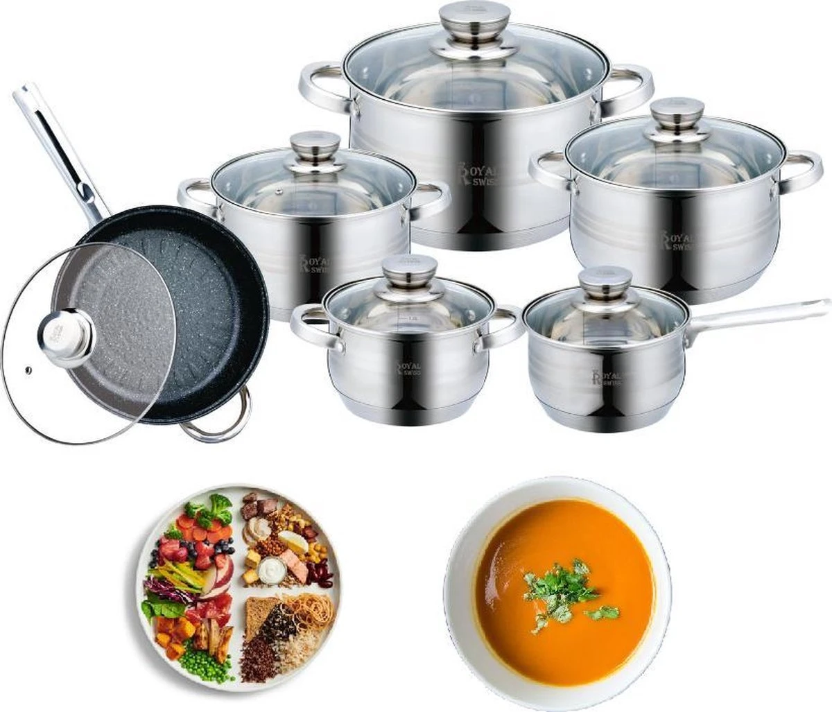 Royal Swiss -Jumbo 12 Delig Set-Inductie Pannenset -Alle Warmtebronnen 1 Royal Swiss -Jumbo 12 Delig Set-Inductie Pannenset -Alle Warmtebronnen