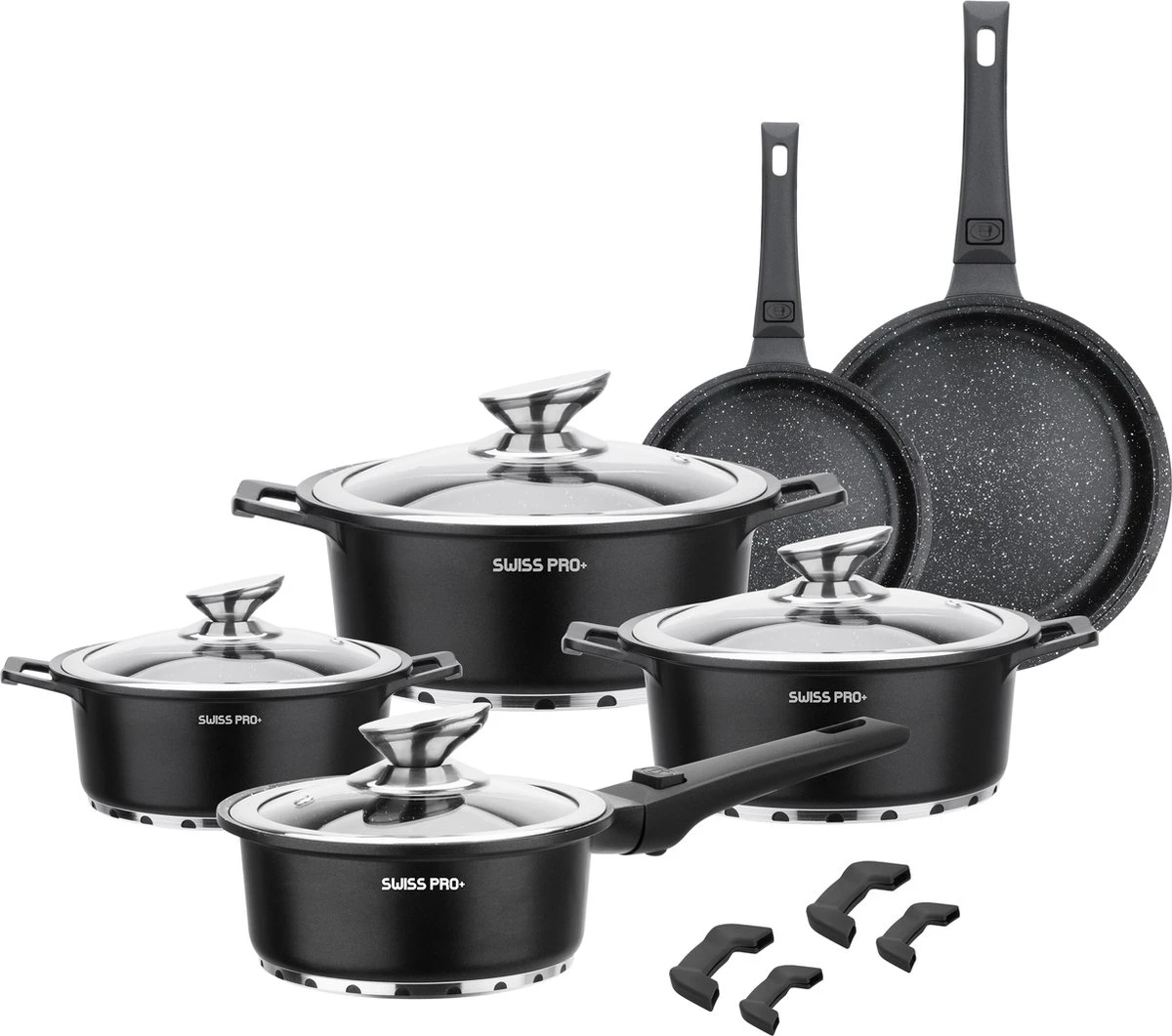 Swiss Pro+ | Set 14 Delige Pannenset | Inductie - Pannensets - Glazen Deksel - Met Afneembare Handgreep - Marmeren Interieur -PFAS-vrij | Black (Zwart) 2 Swiss Pro+ | Set 14 Delige Pannenset | Inductie - Pannensets - Glazen Deksel - Met Afneembare Handgreep - Marmeren Interieur -PFAS-vrij | Black (Zwart) - Afbeelding 2