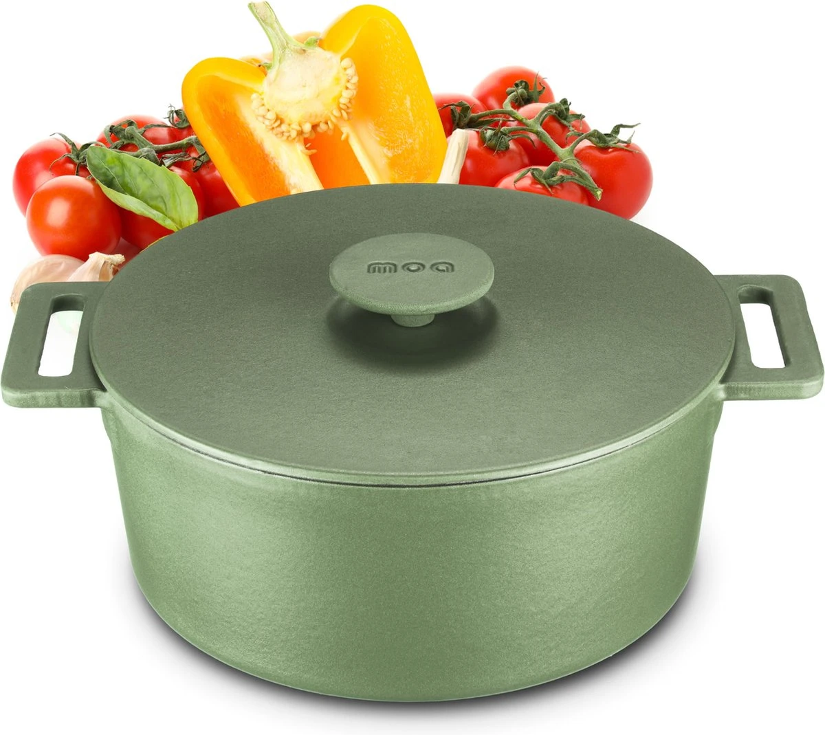 MOA Gietijzeren Braadpan - Inhoud 4,75 Liter - 26CM - Rond - Alle Warmtebronnen - Ook Voor Inductie - Gewicht 5,8 Kg - Olijfgroen - MC26OG 1 MOA Gietijzeren Braadpan - Inhoud 4,75 Liter - 26CM - Rond - Alle Warmtebronnen - Ook Voor Inductie - Gewicht 5,8 Kg - Olijfgroen - MC26OG