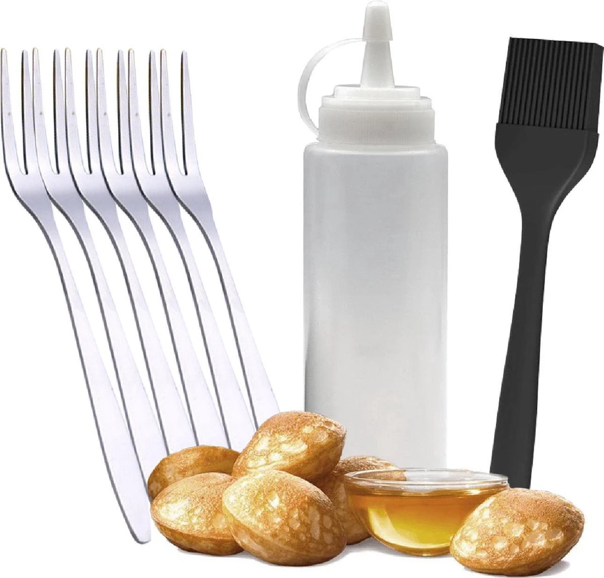 Ocina Poffertjespan Accessoires Set - Doseerfles - Poffertjes Spuitfles - 6x Poffertjes Vork - Kwast - Siliconen Kwast - Bakkwast - Gratis Poffertjes E-Book 1 Ocina Poffertjespan Accessoires Set - Doseerfles - Poffertjes Spuitfles - 6x Poffertjes Vork - Kwast - Siliconen Kwast - Bakkwast - Gratis Poffertjes E-Book