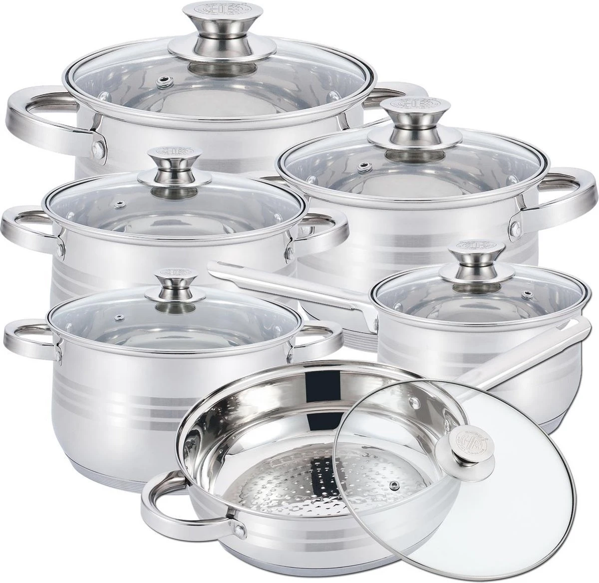 Herzberg Pannenset – 12-Delig – Voor Inductie En Gas – Vaatwasser Bestendig – RVS Met Glazen Deksels 1 Herzberg Pannenset – 12-Delig – Voor Inductie En Gas – Vaatwasser Bestendig – RVS Met Glazen Deksels