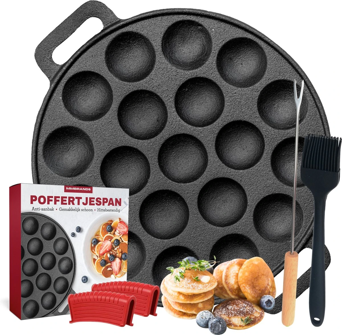 MM Brands Poffertjespan - Poffertjesmaker - Inductie / Oven / BBQ - Inclusief Handvat, Borstel En Vorken 1 MM Brands Poffertjespan - Poffertjesmaker - Inductie / Oven / BBQ - Inclusief Handvat, Borstel En Vorken