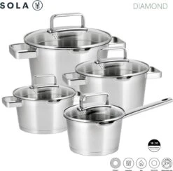 Sola Pannenset Diamond - 4 Delig - Ø 16,16,18,20 Cm - Zilver - RVS - Sandwichbodem 19 Sola Pannenset Diamond - 4 Delig - Ø 16,16,18,20 Cm - Zilver - RVS - Sandwichbodem -Kookwereld Winkel 1200x1183