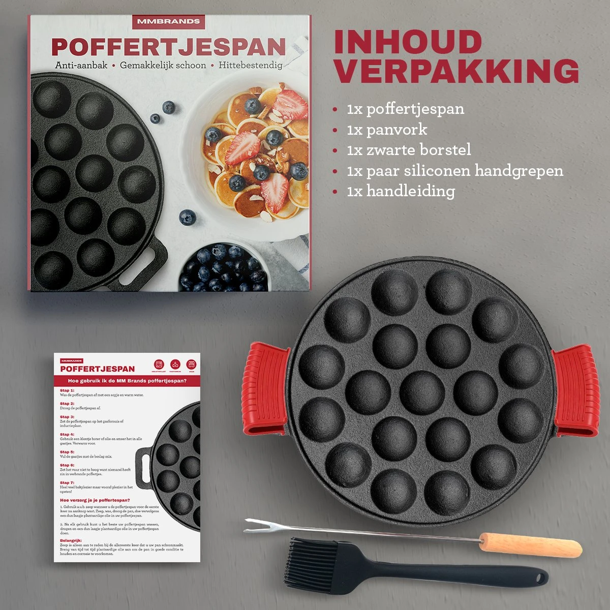 MM Brands Poffertjespan - Poffertjesmaker - Inductie / Oven / BBQ - Inclusief Handvat, Borstel En Vorken 7 MM Brands Poffertjespan - Poffertjesmaker - Inductie / Oven / BBQ - Inclusief Handvat, Borstel En Vorken - Afbeelding 7