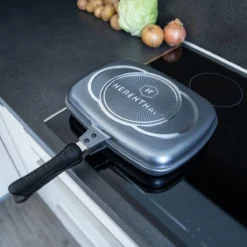 Herenthal Dubbele Grillpan - Ø 28 Cm - Koekenpan - Keramische Pan - Marmeren Coating Met Antiaanbaklaag - PFAS & PFOA Vrij - Pan - Grill - Vermindert Geur, Rook En Oliespatten - Zilver -Kookwereld Winkel 1200x1200 712