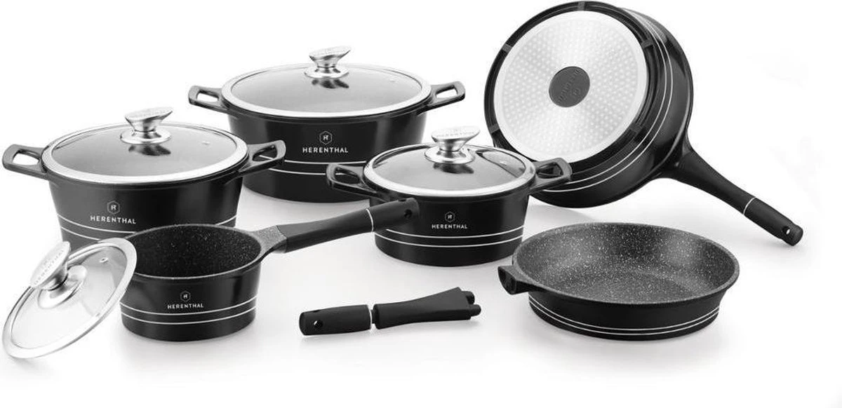 Herenthal Luxe Pannenset - 14-delig - Glazen Deksel - Inductie - Marmeren Coating - PFAS-vrij - Zwart - ES1014M 1 Herenthal Luxe Pannenset - 14-delig - Glazen Deksel - Inductie - Marmeren Coating - PFAS-vrij - Zwart - ES1014M