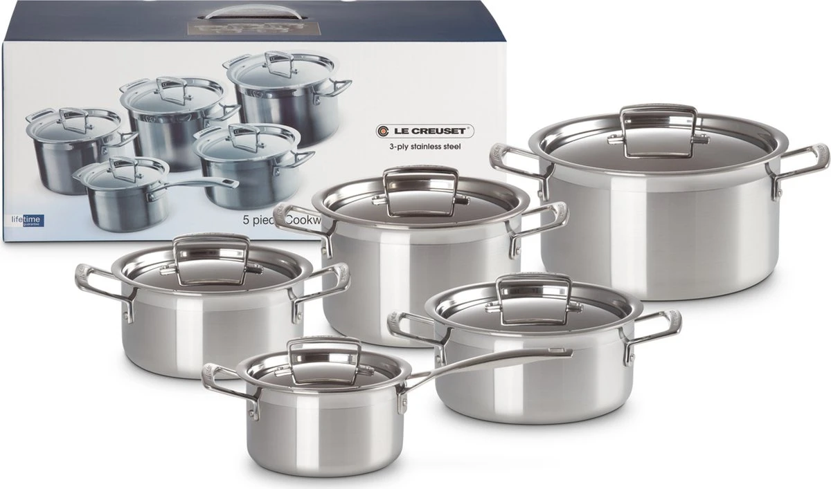 Le Creuset RVS Kookpan 18cm / 20cm / 24cm + Lage Kookpan 20cm + Steelpan 16cm 1 Le Creuset RVS Kookpan 18cm / 20cm / 24cm + Lage Kookpan 20cm + Steelpan 16cm