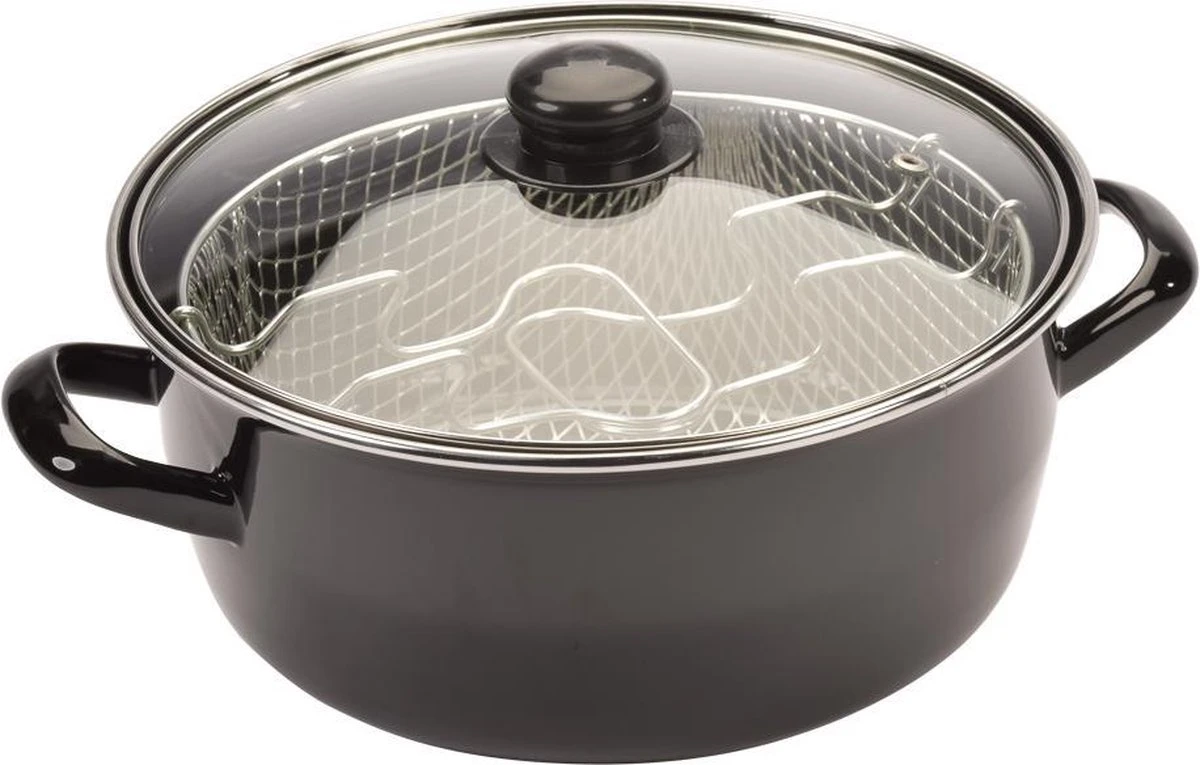 Frituurpan Emaille Met Glazen Deksel En Korf - Ø 26cm - Zwart 2 Frituurpan Emaille Met Glazen Deksel En Korf - Ø 26cm - Zwart - Afbeelding 2