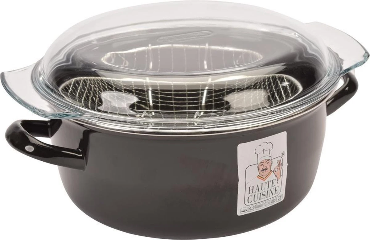 Haute Cuisine Frituurpan - Glazen Deksel & Korf - Ø 26cm - Emaille 1 Haute Cuisine Frituurpan - Glazen Deksel & Korf - Ø 26cm - Emaille
