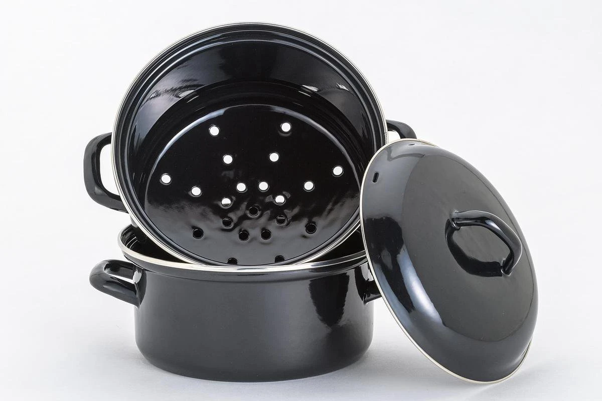 Lite-Body - Magnus Stoompan Aardappelkoker 22 Cm - 3 Delig - Emaille - Zwart 2 Lite-Body - Magnus Stoompan Aardappelkoker 22 Cm - 3 Delig - Emaille - Zwart - Afbeelding 2