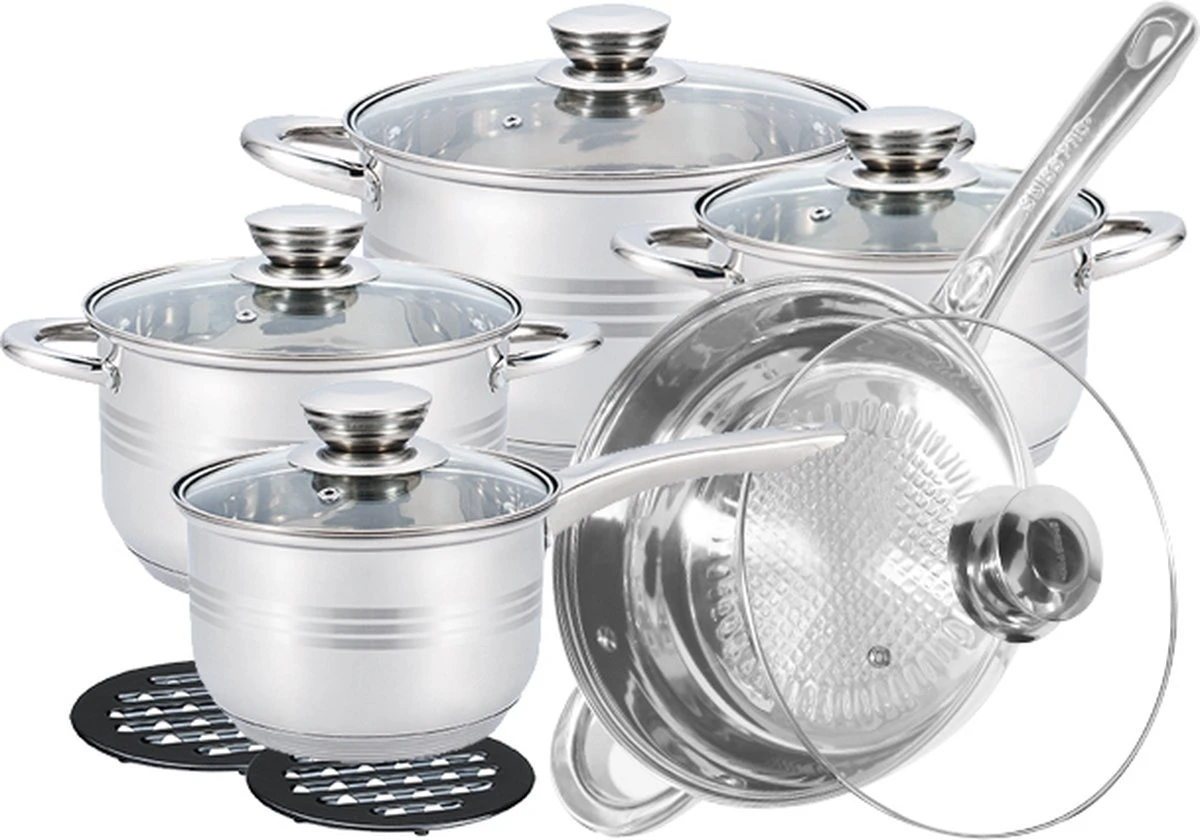 Pannenset 13 Delig - RVS - Pan / Steelpan / Koekenpan - Met Glazen Deksels - Inductie - PFAS-vrij 1 Pannenset 13 Delig - RVS - Pan / Steelpan / Koekenpan - Met Glazen Deksels - Inductie - PFAS-vrij