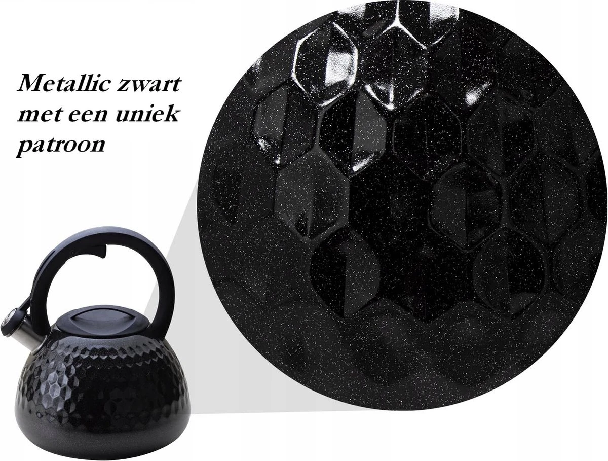 Meyerhoff Fluitketel RVS Metallic Zwart 2.7 Liter - Geschikt Voor Alle Warmtebronnen Ook Inductie - Ruitpatroon - Uniek Design - Koel Blijvend Handvat 2 Meyerhoff Fluitketel RVS Metallic Zwart 2.7 Liter - Geschikt Voor Alle Warmtebronnen Ook Inductie - Ruitpatroon - Uniek Design - Koel Blijvend Handvat - Afbeelding 2
