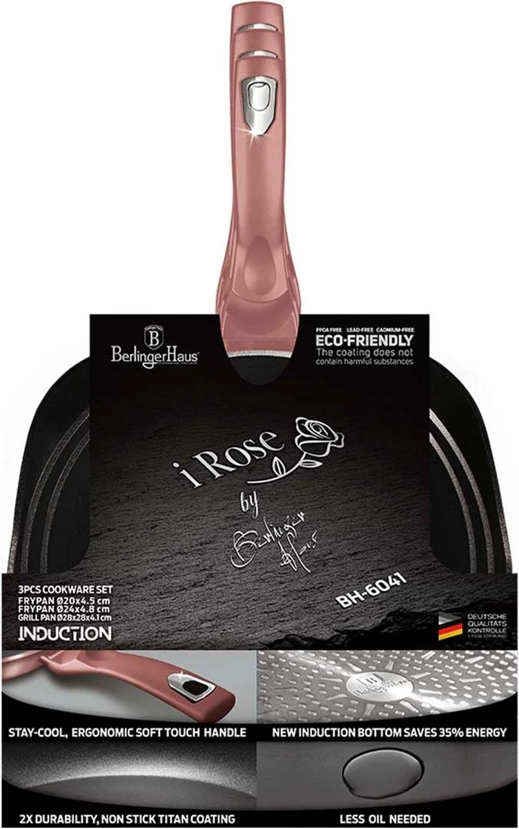 Berlinger Haus 6041 - Braadpannenset - 3 Delig - Gecoat - Rose Metallic Line 2 Berlinger Haus 6041 - Braadpannenset - 3 Delig - Gecoat - Rose Metallic Line - Afbeelding 2